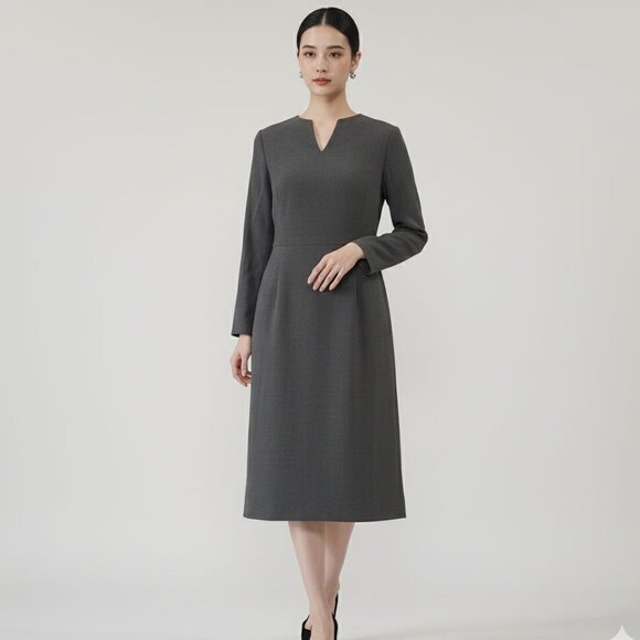 Vintage 90s Alamode Gray Long Sleeve Midi Dress Timeless Classic Minimalist - Picture 1 of 6